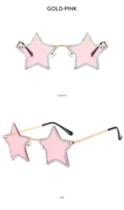 Fashion rhinestone star rimless sunglasses for women, luxury pink Y2K party eyewear.