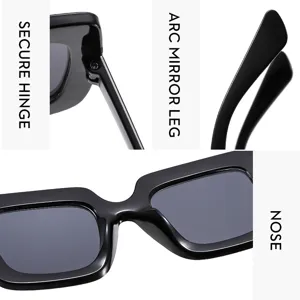 Close-up details van trendy zwarte vierkante zonnebril met stevige scharnier en pootjes.