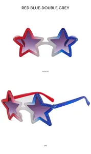 Occhiali da sole con stella sfumata rosso e blu per festa, dettagli occhiali glitterati.