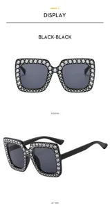 Grote vierkante strass zonnebril voor dames, retro disco mode zwarte zonnebrillen.