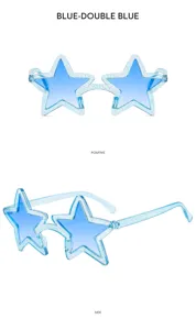 Occhiali da sole stella blu per festa, montatura trasparente lenti sfumate stile moda.