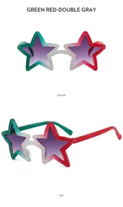 Occhiali da sole a stella verdi e rossi con glitter e lenti grigie doppie per festa.