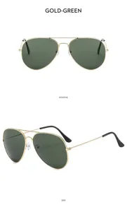 Classic men's double bridge pilot sunglasses with green lenses and gold metal frame UV400.
