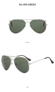 Men's double-bridge metal aviator sunglasses with green lenses silver frame uv400