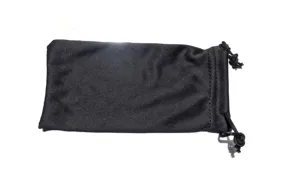 Vista detallada de bolsa con cordón de tela negra, estuche suave para gafas.