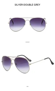 Detailed view of silver metal aviator sunglasses with gradient grey lenses and double bridge.