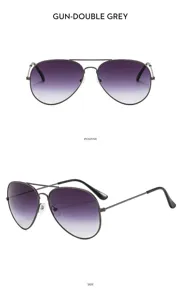 Men's double bridge pilot sunglasses with gradient grey lenses, retro metal frame style detail.