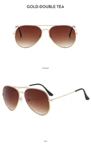 Classic double-bridge pilot sunglasses for men with gold metal frames and brown gradient lenses.