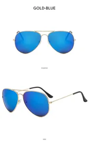 Gold frame blue lens aviator sunglasses detail view showcasing the classic metal double bridge.