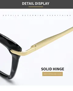 Affichage des details de monture de lunettes cat eye fashion, charniere doree, anti-lumiere bleue.