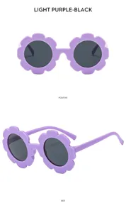 Süße Kinder Sonnenblume Sonnenbrille mit hellem lila Rahmen und dunklen Gläsern.