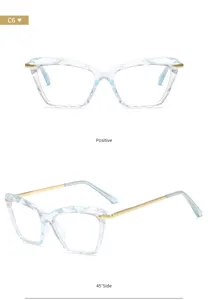 Vue détaillée de la monture de lunettes œil-de-chat en cristal facetté avec branches dorées.