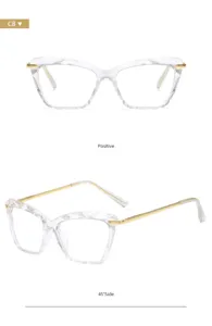 Monture lunettes œil de chat cristal transparent anti lumière bleue branches métal dorées détail