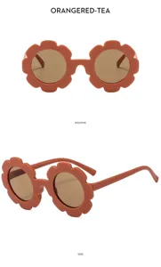 Kinder Sonnenbrille Blumen Design Detailansicht, orange UV Schutz Brille fuer Babys und Kinder