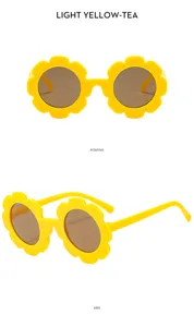 Detailansicht der niedlichen gelben Blumensonnenbrille für Kinder mit Vorder- und Seitenansicht.