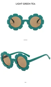 Kinder süße Sonnenbrille Detailansicht, grüne Blumenform mit braunen Gläsern für Schutz.