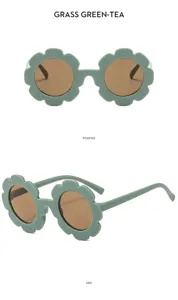 Kinder Sonnenbrille in Blumenform, grasgrüner Rahmen mit braunen Gläsern, süße Baby Brille.