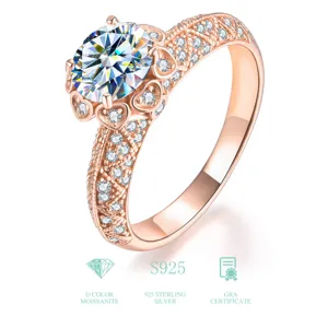 Exquisiter 1-Karat Moissanit Ring aus 925er Sterlingsilber, Roségold, Blumen-Design, Zirkonia.