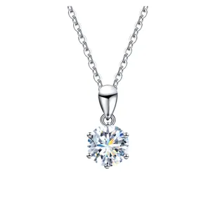 Classic six-prong round moissanite pendant necklace in sterling silver solitaire chain style.