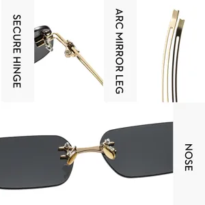 Vista detallada de gafas de sol Y2K sin montura con bisagra metálica segura y puente nasal.