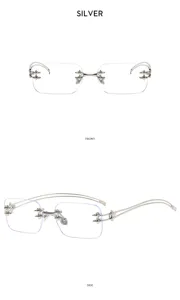 Detalle de gafas de sol sin montura Y2K con montura plateada y decoraciones punk de cruz.