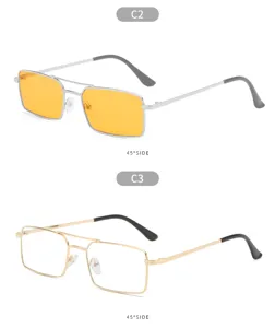 Vue détaillée de lunettes de soleil carrées à double pont en métal sous un angle de 45°.