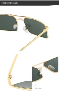 Vue détaillée de lunettes de soleil carrées en métal avec double pont et verres verts.