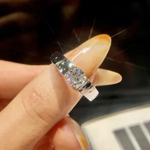 GRA Herren 925 Sterlingsilber Moissanit Ring Einfacher Runder Moissanit Verstellbarer Offener Ring Hochzeit Schmuck Geschenk