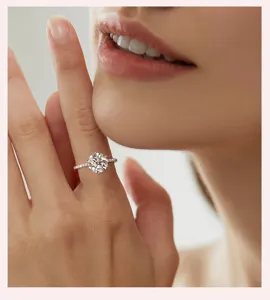 Nahaufnahme eines klassischen Sechskragen-Solitärrings mit Pave-Band am Finger.