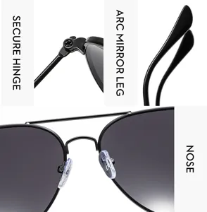 Detailed view of the secure hinge, curved temple, and nose pad on classic aviator sunglasses.