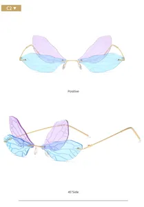 Modische Schmetterlingsflügel rahmenlose Sonnenbrille Damen, bunte Farbverlauf Sonnenbrille.