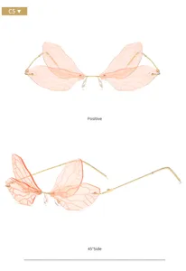 Modische rahmenlose Sonnenbrille mit einzigartigen rosa Schmetterlingsflügeln und Metall.