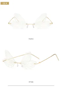 Modische schmucklose Sonnenbrille mit Schmetterlingsflügeln und goldenem Metallrahmen.