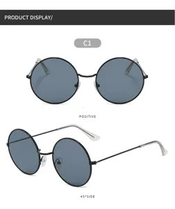 Retro round metal sunglasses for men, classic small frame vintage sun glasses with stylish grey lenses.