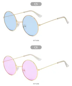 Retro round metal sunglasses with colorful lenses, vintage style eyewear for men and women.