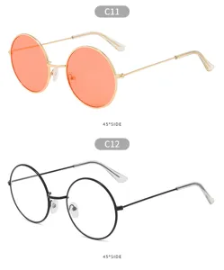 Vintage round metal frame sunglasses and clear glasses with 45-degree angle detail display.