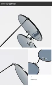 Details of vintage round metal sunglasses with grey lenses and adjustable nose pads.
