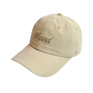 Beige soft top embroidered baseball cap, casual couple sun protection hat with letter Mood.