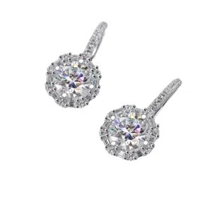Classic round moissanite halo earrings with sparkling pavé hook, elegant silver jewelry for women.