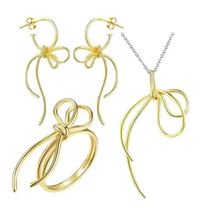 Ensemble de Bijoux Nœud en Argent Sterling 925 Minimaliste Ligne Créative Nœud Collier Boucles d'Oreilles Bague Cadeau de Bijoux de Mode