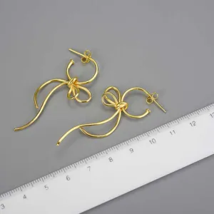 Vue detaillee des boucles d'oreilles noeud ruban creatif en argent avec echelle.