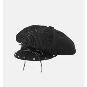 Damen Punk Barette Hut Dunkler Retro Oktogonal Cap Spitzennetz Lederriemen Metallnieten Streetwear Mode Kopfbedeckung