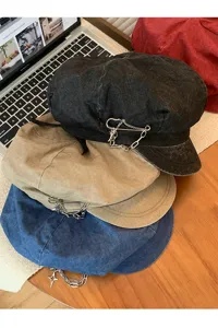 Japanese retro newsboy cap summer breathable beret with metal chain pin women's painter hat