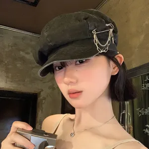 Japanese retro safety pin baker boy hat for women, breathable octagonal sun hat style.