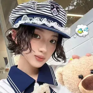 Chapeau de Marin Style Japonais Femme Doux et Cool Chapeau Octogonale Rayé Garniture en Dentelle Étoile à Quatre Branches