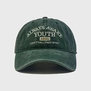 Dark green vintage washed cotton baseball cap with stylish front embroidery for daily wear.