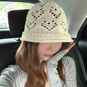 Women's Mesh Hollow Braided Bucket Hat Summer Breathable Sun Protection Casual Sunhat Outdoor Beach Fisherman Cap