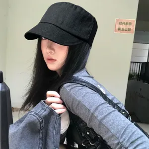 Berretto piatto nero equestre, cappello estivo stile lino traspirante visiera.