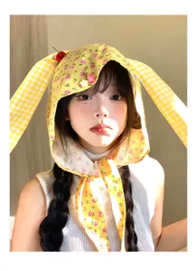 Cute floral rabbit ear headscarf hat cherry decor sweet bonnet summer sun hat women stylish