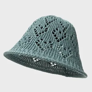 Knitted bucket hat detail showing breathable crochet pattern and fine texture summer design